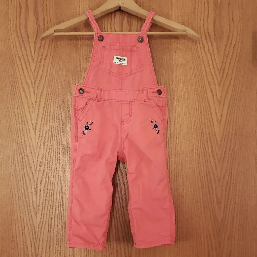 Oshkosh B'gosh Coral Overalls - Embroidered Floral Accents Braided Straps Sz 18M